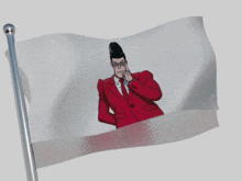a white flag with a cartoon man in a red suit