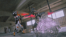 a man in a superhero costume is fighting a monster in a room