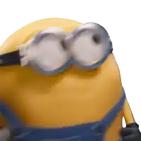 a close up of a yellow minion wearing goggles on a white background