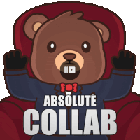 a teddy bear sitting in a chair with the words " absolute collab " on the bottom