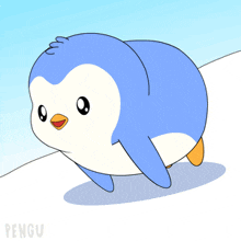 a cartoon drawing of a blue bird with orange ears