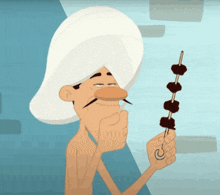 a cartoon man with a white turban is holding a skewer of meat