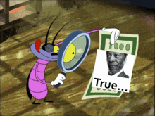 a cartoon bug is holding a magnifying glass and looking at a picture of a man with the word true on it