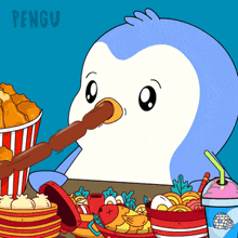 a cartoon of a penguin eating a skewer with the word pengu on the bottom right