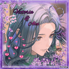 a picture of victoria and alex with purple flowers and pink hearts