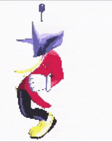 a pixel art of a cartoon character with a purple hat and red and yellow pants .