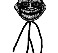 a black and white drawing of a troll with a large smile