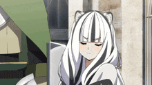 a black and white anime girl with a cat ear covering her face