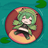 a cartoon of a girl wearing a frog costume floating on a raft