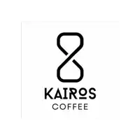 a black and white logo for kairos coffee with an hourglass in the middle .