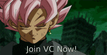 a cartoon character with pink hair and the words join vc now below him