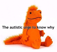 a stuffed animal with the words `` the autistic urge to know why '' on it .