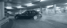 a car is drifting in a parking garage with the number 7 on the back
