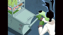 a cartoon character is standing in front of a refrigerator with a bottle of milk in it