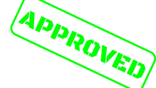 a green approved stamp that is on a white background