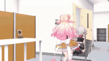 a girl with pink hair is pushing another girl in a cart