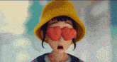 a cartoon character wearing a yellow hat and heart shaped glasses