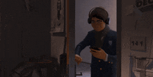 a man wearing headphones and a badge that says eva on it