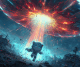 a cartoon cat in a space suit is flying through a huge explosion