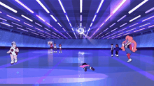a group of people are rollerblading on a rink with a disco ball .