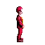a pixel art of a man in a red suit and helmet is standing on a white background .