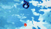 a blue background with a red flame and a black flame floating in the air