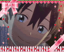 a boy with blue eyes is surrounded by strawberries and a pink ribbon