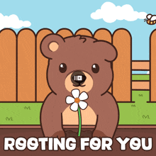 a bear with a flower in its mouth and the words rooting for you behind it