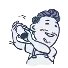 a cartoon drawing of a man holding a microphone and smiling
