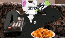 a cartoon cat is sitting on a couch holding a bottle that says u.