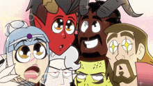 a group of cartoon characters are posing for a picture and one has horns