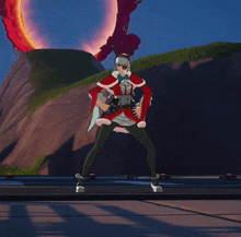 a girl in a santa costume is standing on one leg
