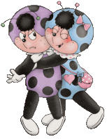 a couple of ladybugs hugging each other with one wearing a pink heart purse