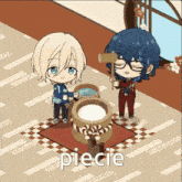 a couple of anime characters standing next to each other with the word piecie on the bottom right