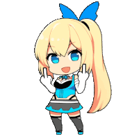 a girl with blonde hair and a blue bow on her head is giving the middle finger
