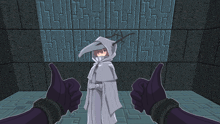 a cartoon character wearing a white cape and hood