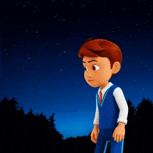a cartoon boy in a blue vest and tie stands in front of a starry night sky