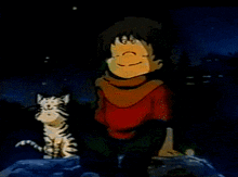 a cartoon character is sitting next to a cat