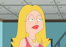 a cartoon of a woman with blonde hair and a gold necklace