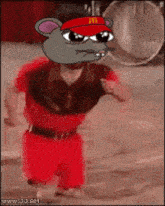 a cartoon mouse wearing a mcdonald 's hat and red pants