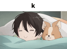 a girl laying in bed with a dog with the letter k above her head