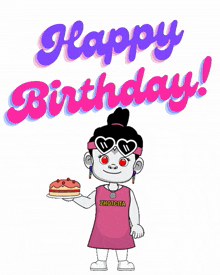 a happy birthday greeting card with a cartoon character and a cake