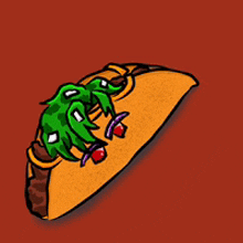 a cartoon drawing of a taco with a green monster on top
