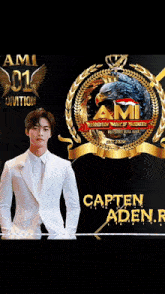 a man in a white suit is standing in front of an ami logo