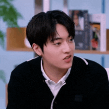 a close up of a young man wearing a black sweater and a white shirt .