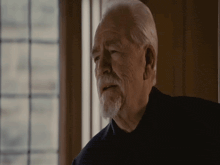 an elderly man with a beard is looking out a window