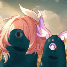 a girl with pink hair and purple wings is standing next to a green monster