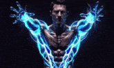 a shirtless man is surrounded by blue lightning bolts