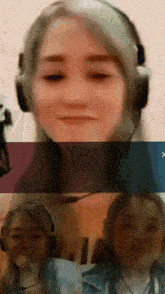 a woman wearing headphones and a microphone is shown in a collage
