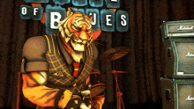 a tiger playing drums in front of a sign that says blues